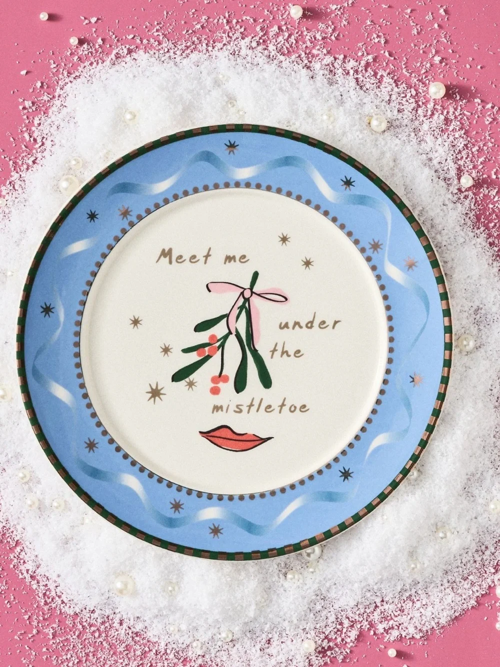 🌲Anthropologie Caroline Stoneware Plate New Meet Me Under The Mistletoe 8” Blue